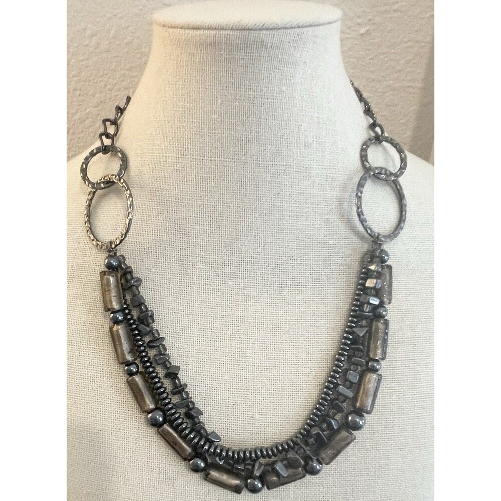 Glass Hemitite Gun Metal SilverTone Multi Strand Circle Link Statement Necklace